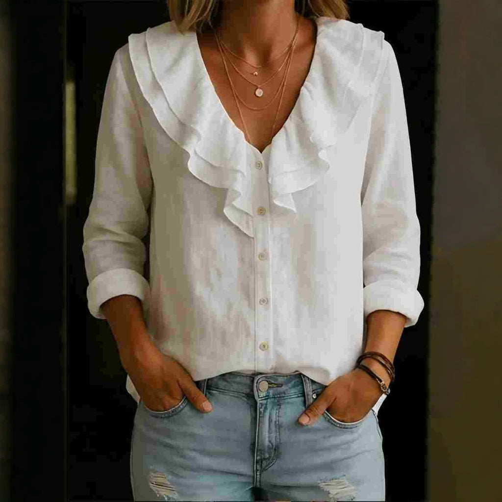 V-neck Ruffled Loose-fitting Long-sleeve Blouse For Women