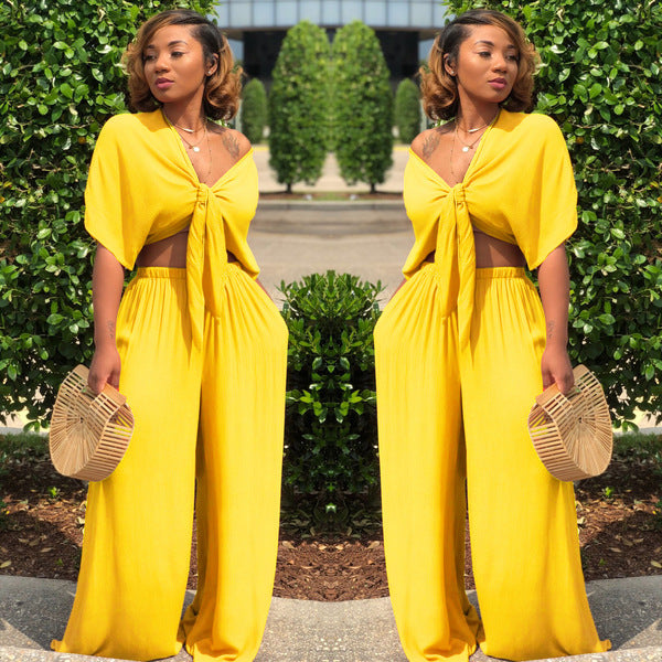 Deep-V Casual Wide-leg Pants Set For Women