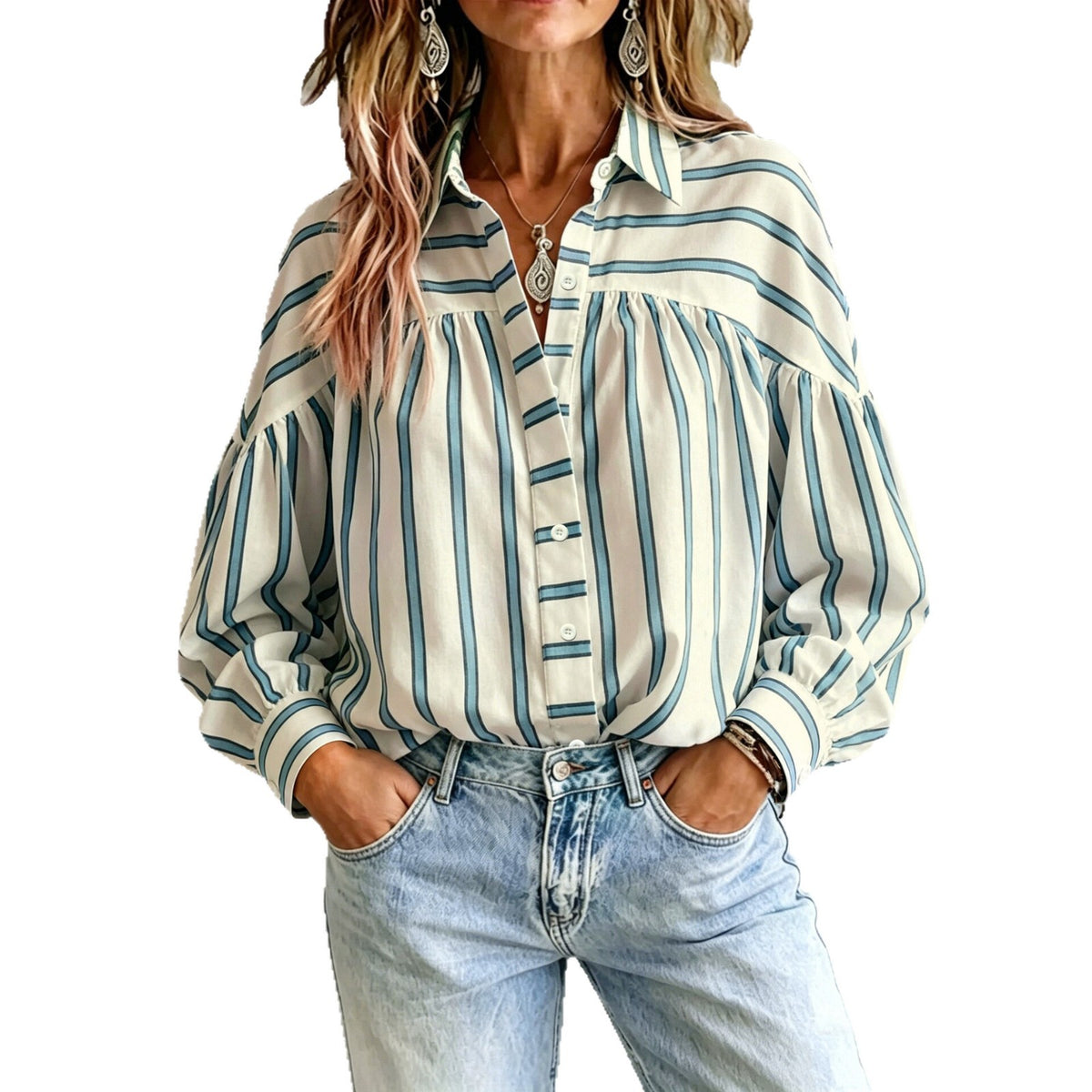 Vintage Striped Lapel Shirt Long-sleeve Loose-fitting Top For Women