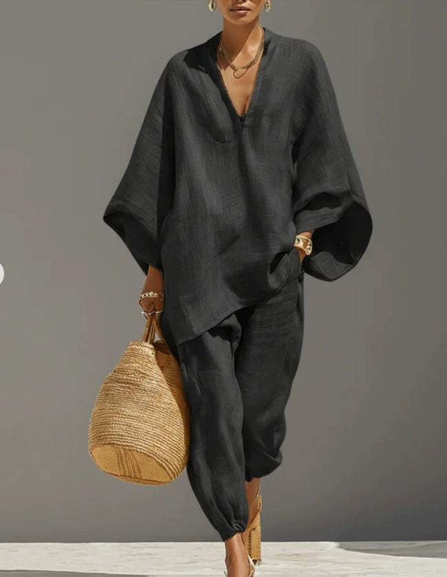 Women Casual Lazy Loose Solid Color Shirt Set