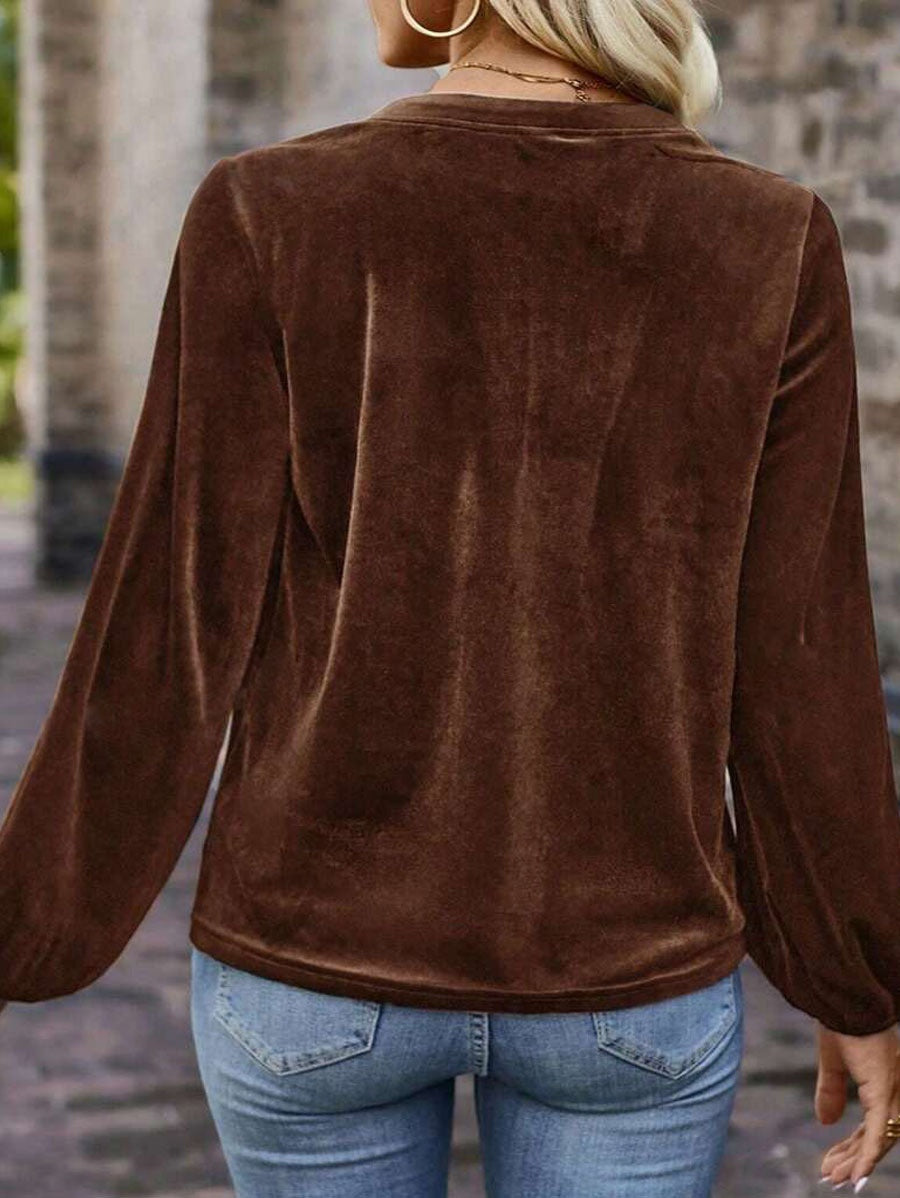 Women Velvet Long Sleeve Blouse,V Neck Henley Button Pleated Loose Casual Shirt, Solid Color Lantern Sleeve Tops