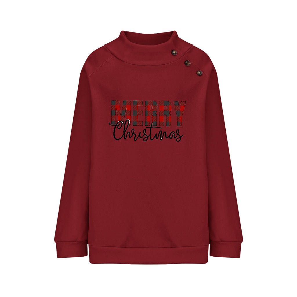 Printed Turtleneck Christmas Letter Loose Sweatshirt Women