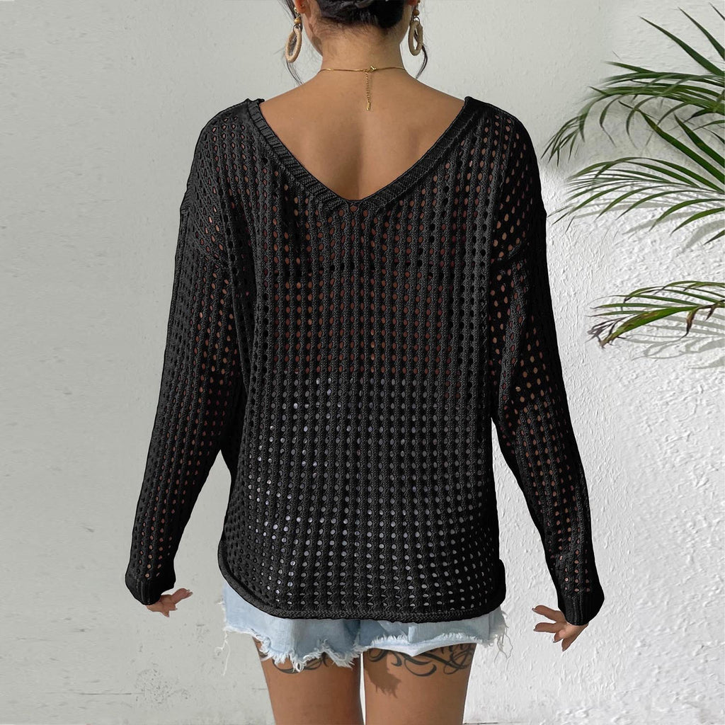 Women Loose Lazy Style Hollow Knit Pullover Top, Long Sleeve Butterfly Patchwork Tie Detail Sheer Cover Up Sweater