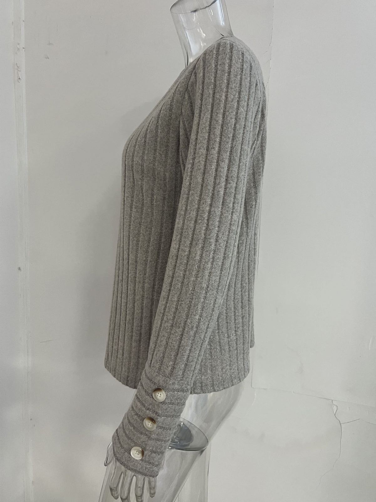Women Ribbed Knit Long Sleeve Top Crew Neck Blouse With Decorative Buttons On Cuffs Casual Loose Shirts