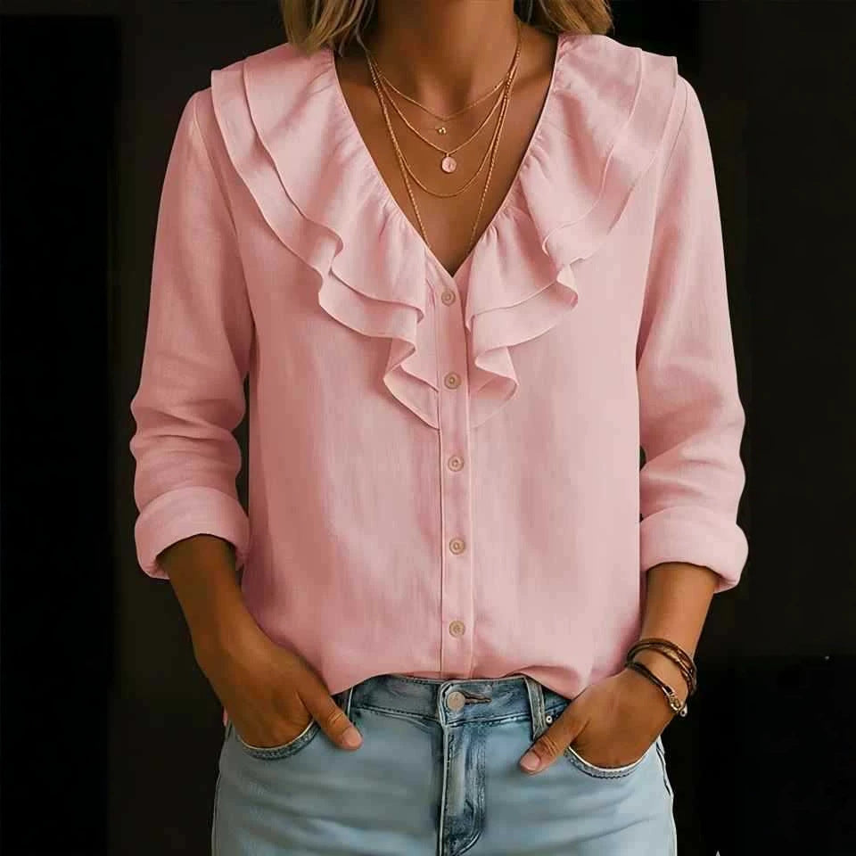 V-neck Ruffled Loose-fitting Long-sleeve Blouse For Women