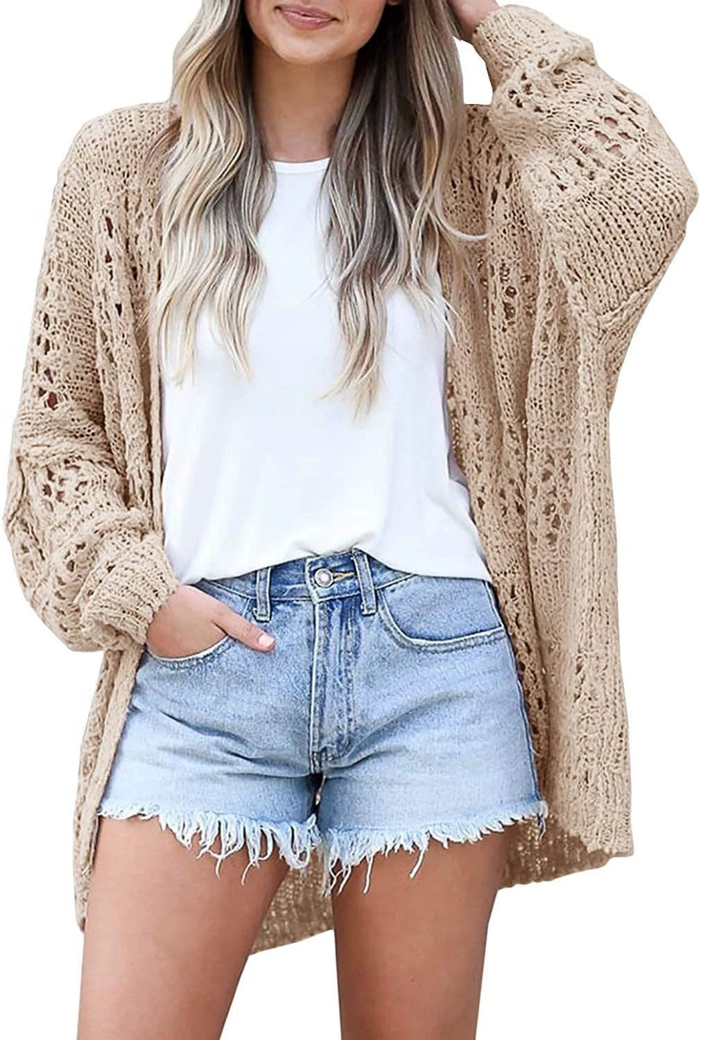 Women Long Sleeve Open Front Knit Cardigan, Hollow Out Lightweight Loose Knitted Sweater Coat, Casual Soft MohairLike Cardigan For Spring Fall