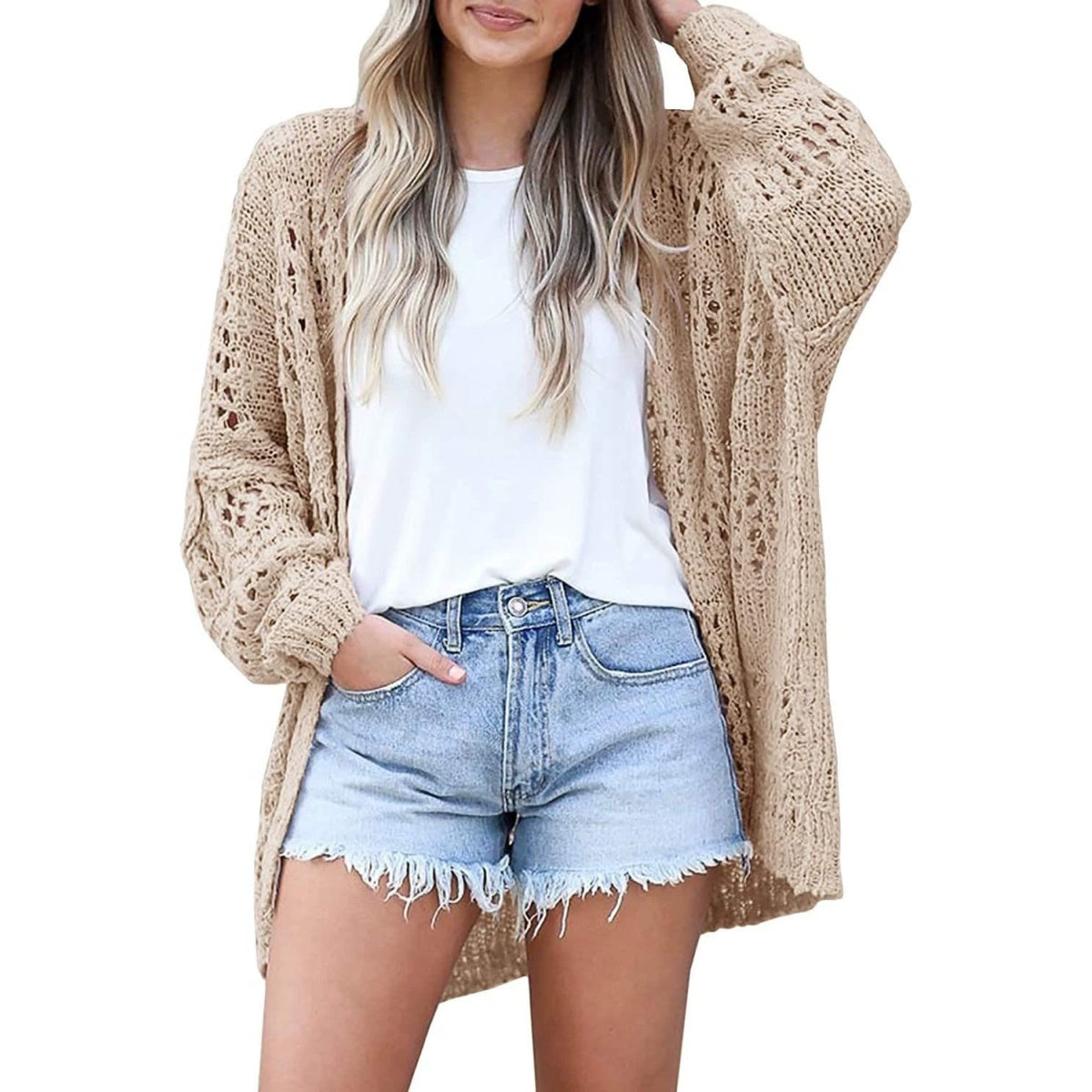 Women Long Sleeve Open Front Knit Cardigan, Hollow Out Lightweight Loose Knitted Sweater Coat, Casual Soft MohairLike Cardigan For Spring Fall