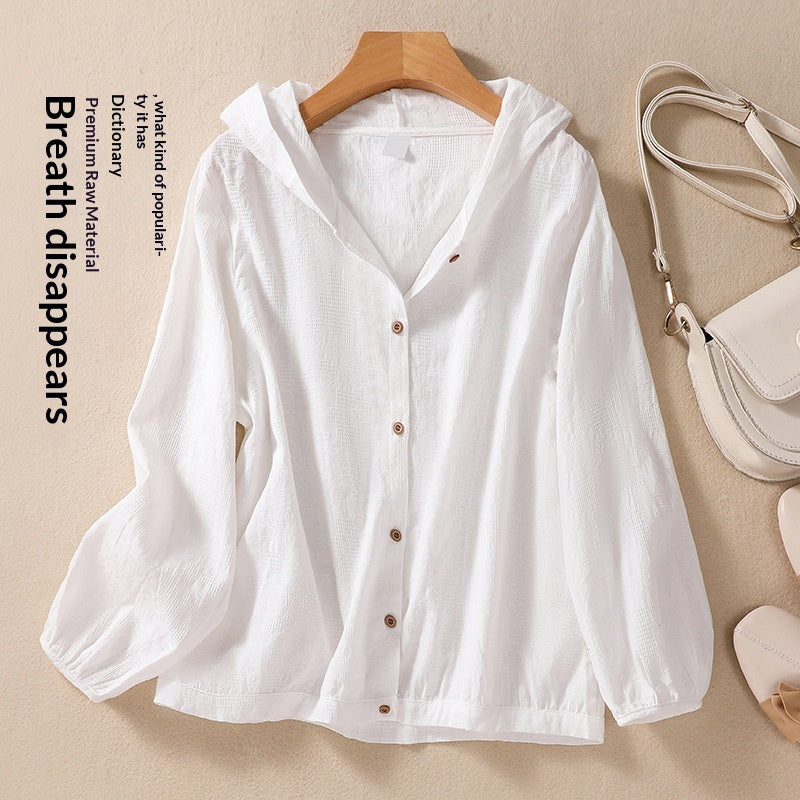Cotton-Linen Plus-Size Loose-Fit Shirt Hooded Cardigan Long-Sleeve Top For Women