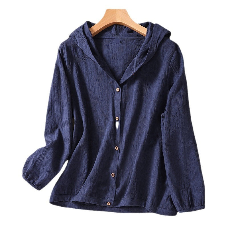 Cotton-Linen Plus-Size Loose-Fit Shirt Hooded Cardigan Long-Sleeve Top For Women