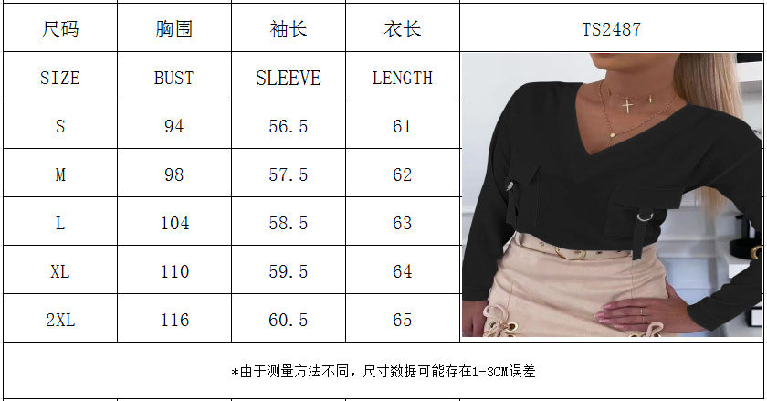 Women VNeck Long Sleeve Blouse Casual Loose Top With Decor Flap Pockets