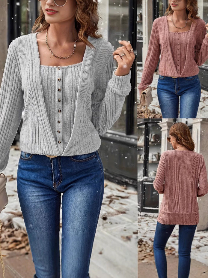 Women Solid Knit Top, Spring Autumn Loose Long Sleeve Shirt With Buttons Casual Fashion Blouse