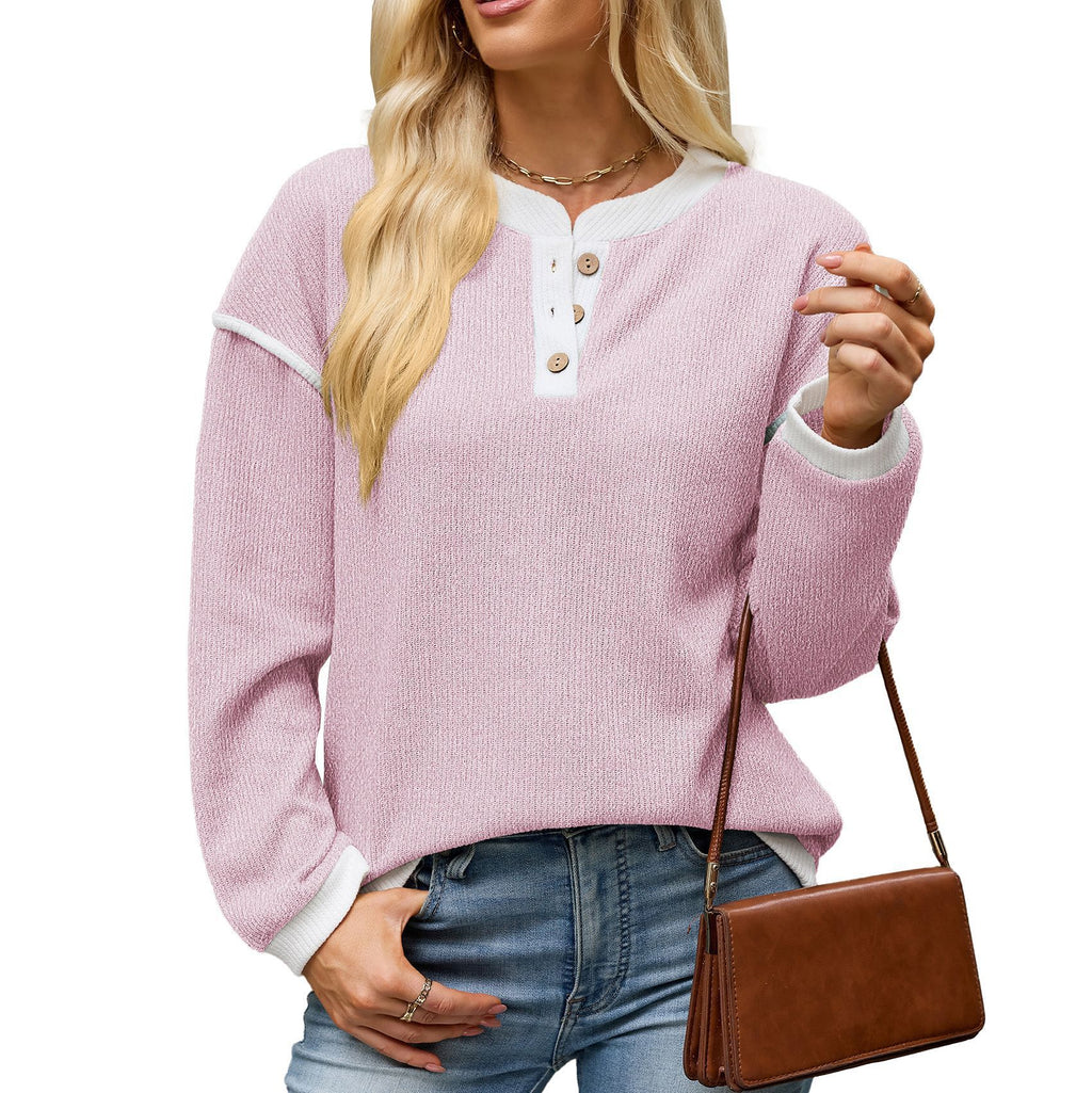 Color-block Crew-neck Button-up Loose-fit Long-sleeve T-shirt For Women
