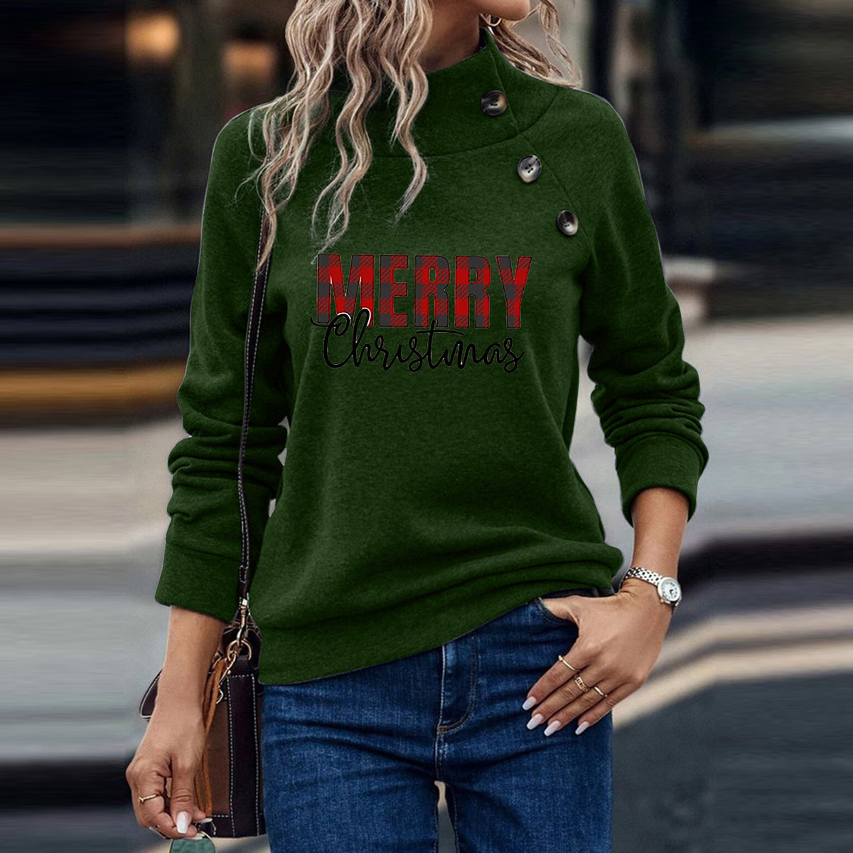 Printed Turtleneck Christmas Letter Loose Sweatshirt Women