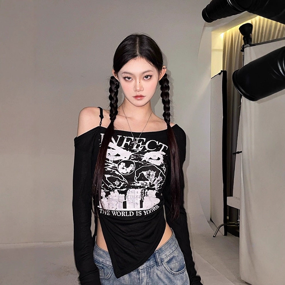 Fashionable Loose-fit Retro Long-sleeve T-shirt Top For Women