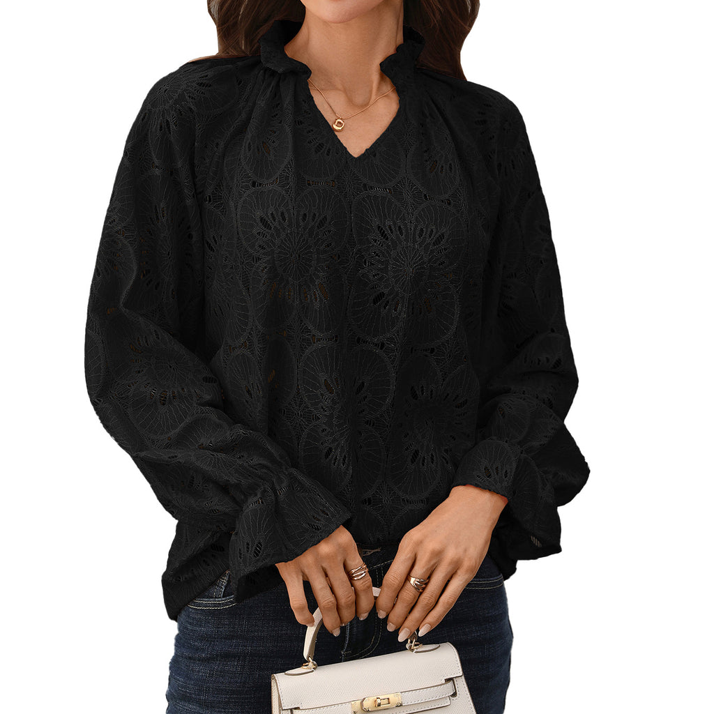 Solid-color V-neck Loose-fit Casual Long-sleeve Lace Top For Women