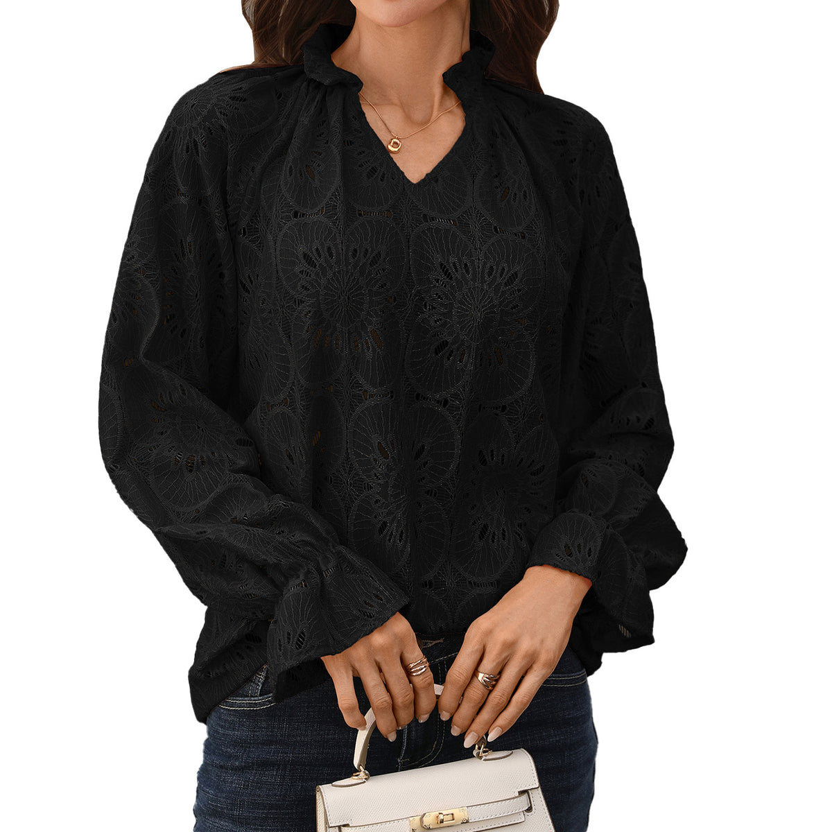 Solid-color V-neck Loose-fit Casual Long-sleeve Lace Top For Women