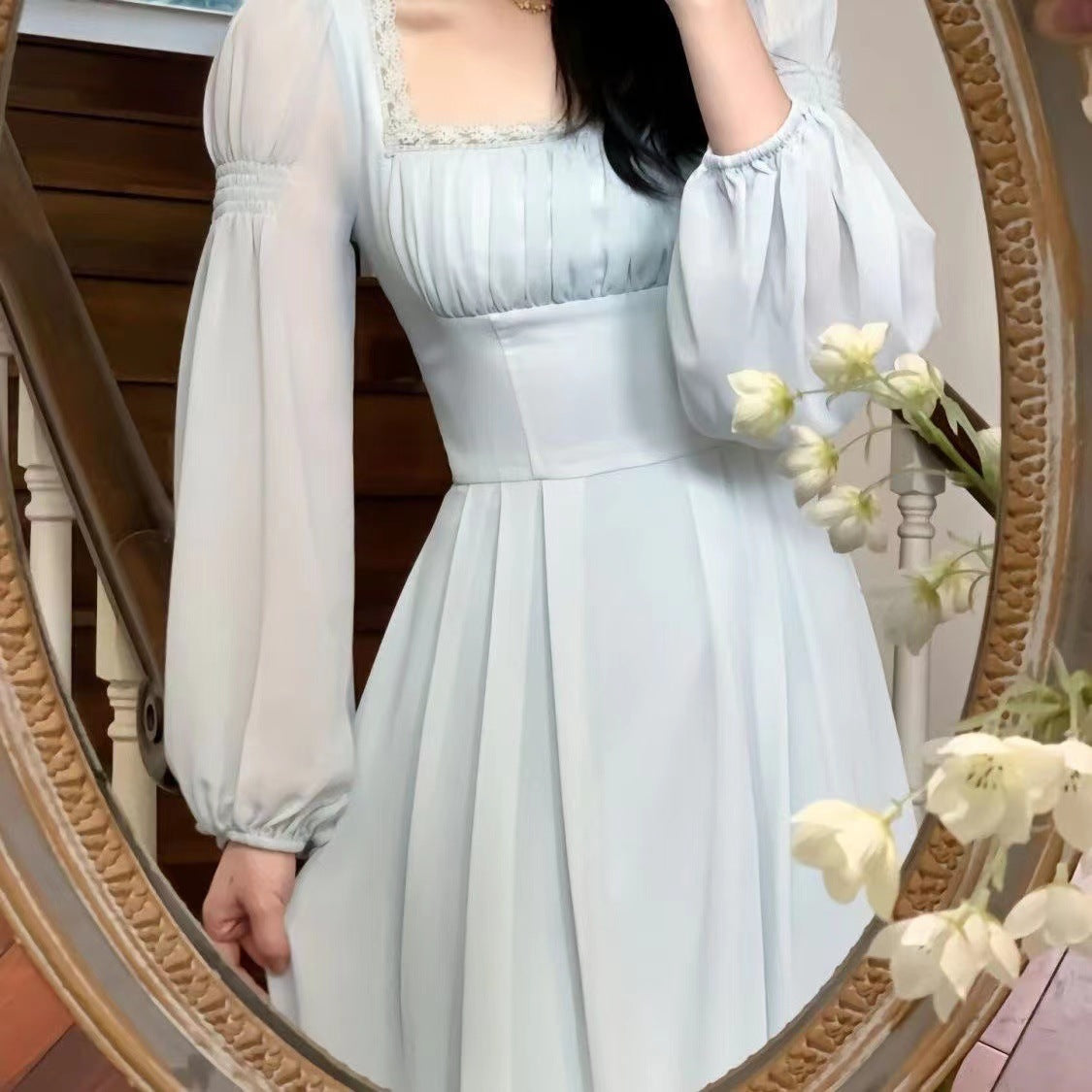 Autumn And Winter Retro Princess Style Square Collar Dress Women