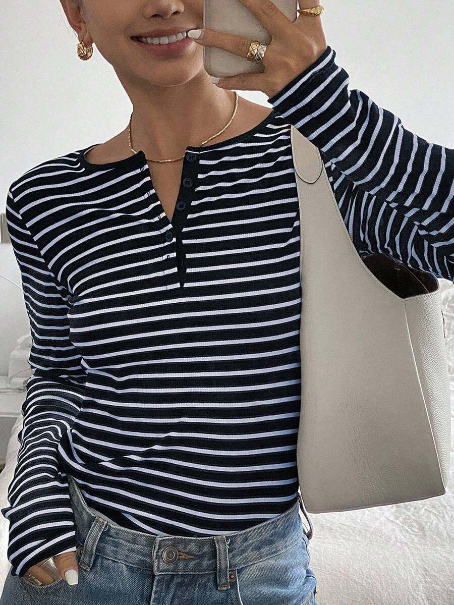 Striped Loose-Fit Long-Sleeve T-Shirt Casual Fashion Top For Women