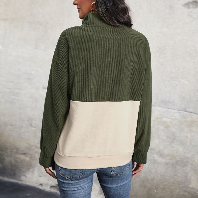 Brushed Corduroy Contrast Color Sweatshirt Women