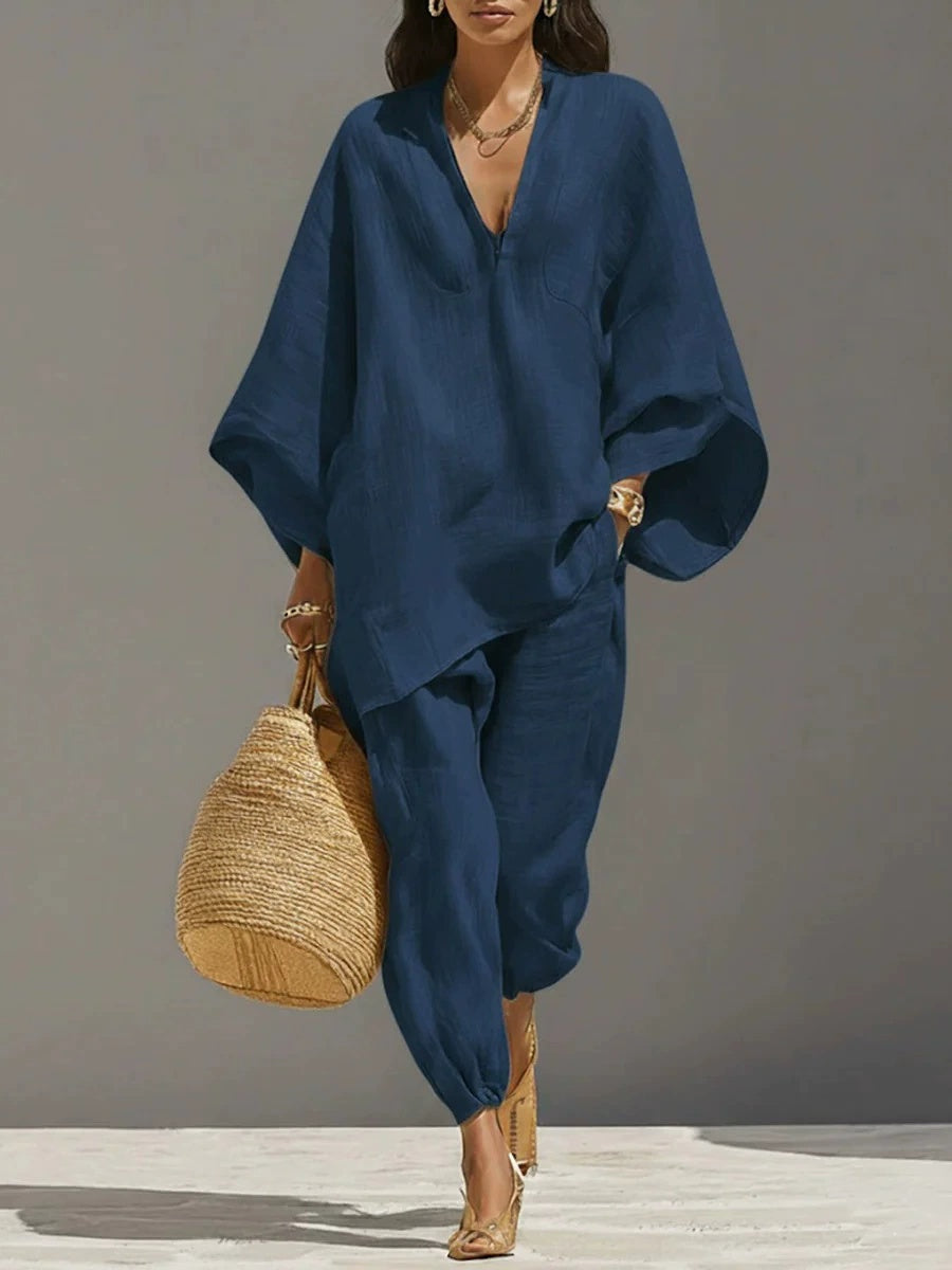 Women Casual Lazy Loose Solid Color Shirt Set