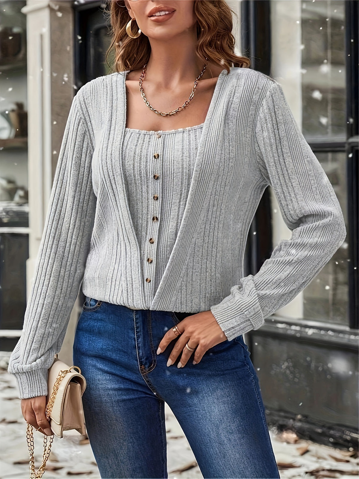 Women Solid Knit Top, Spring Autumn Loose Long Sleeve Shirt With Buttons Casual Fashion Blouse