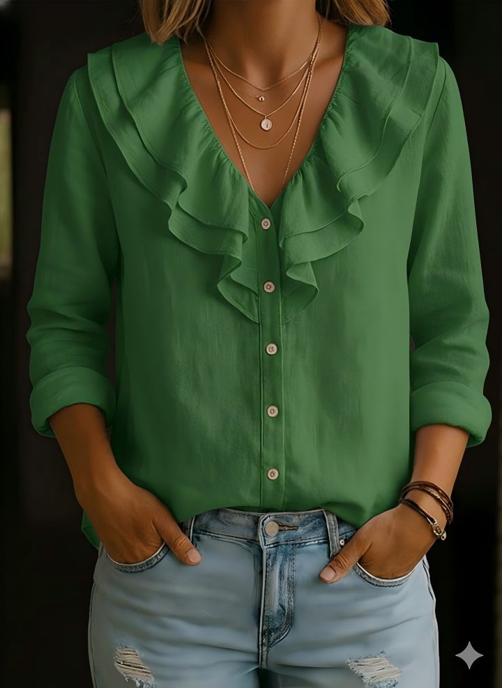 V-neck Ruffled Loose-fitting Long-sleeve Blouse For Women