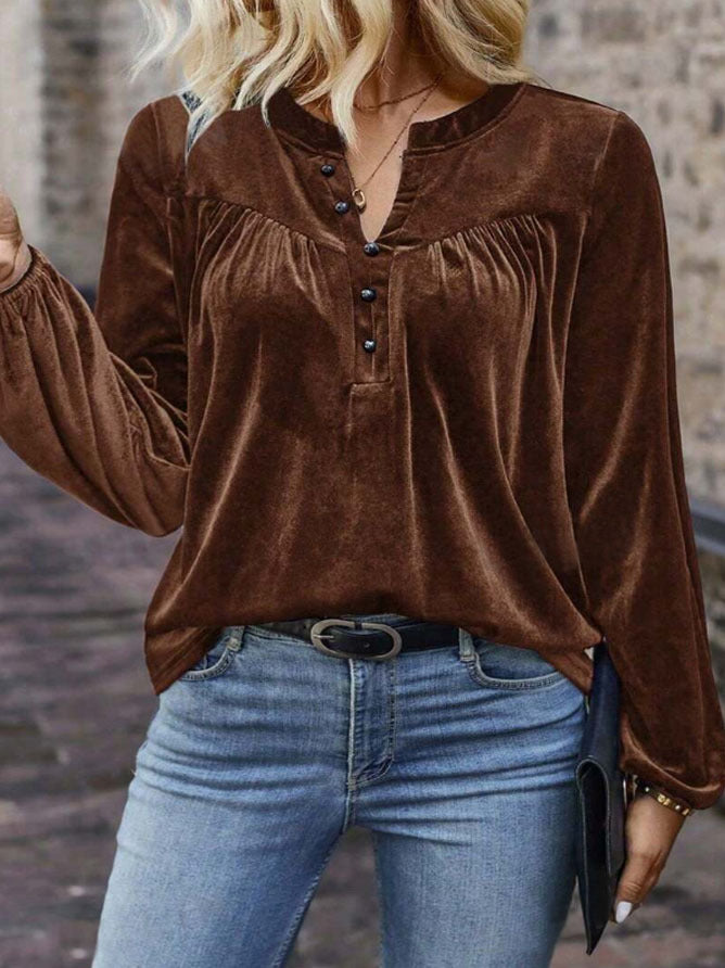 Women Velvet Long Sleeve Blouse,V Neck Henley Button Pleated Loose Casual Shirt, Solid Color Lantern Sleeve Tops