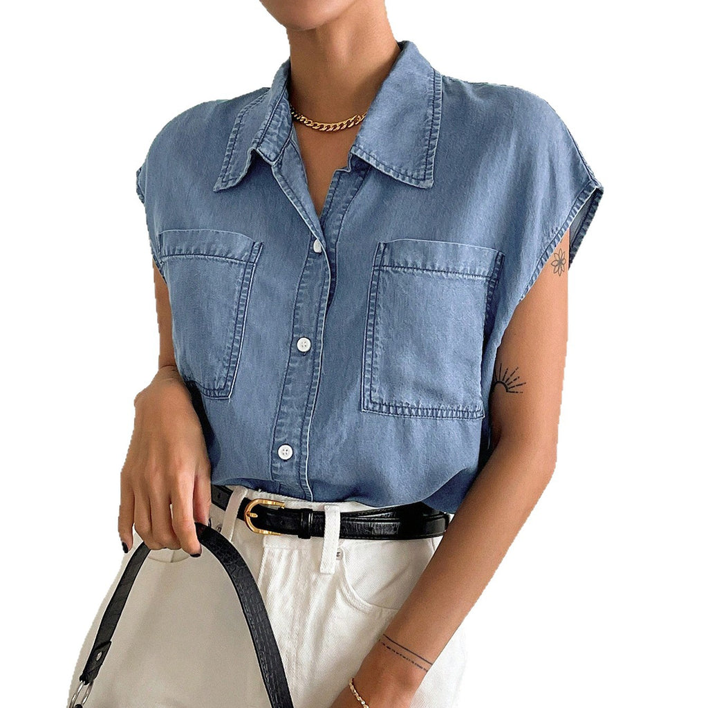 Pocket Denim Loose Top Casual Women