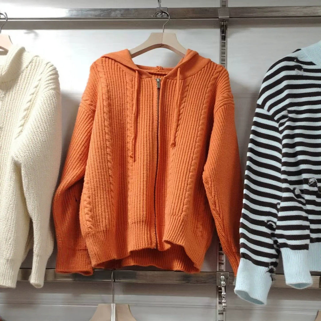 Hooded Cable-knit Sweater Coat For Women
