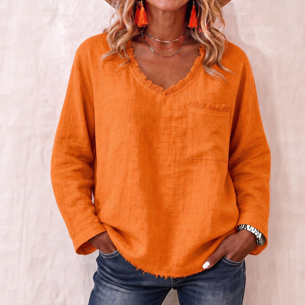 Loose-fit V-neck Long-sleeve Solid-color Casual Top For Women