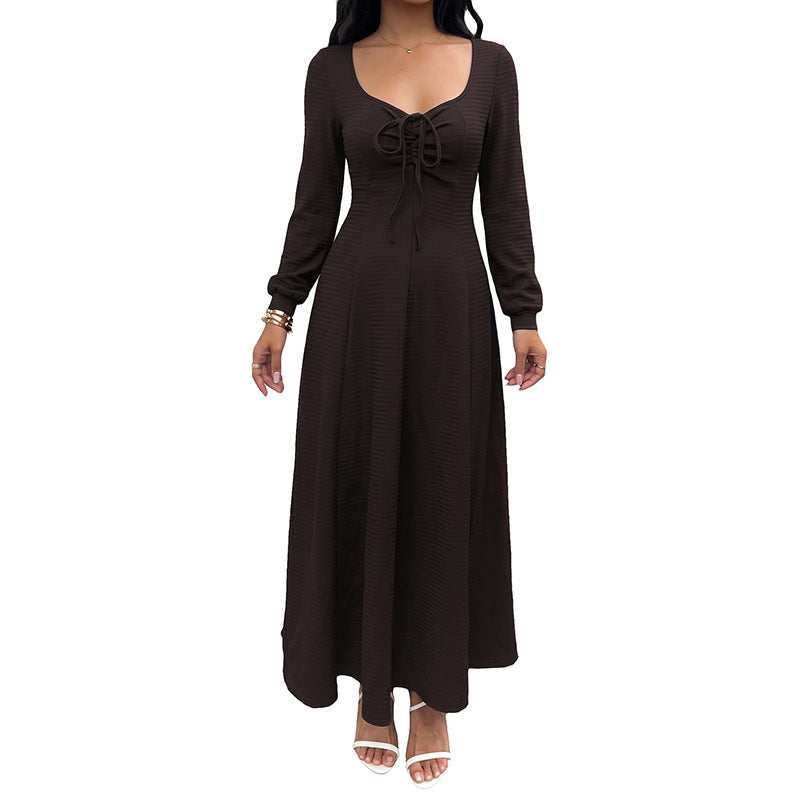 New Autumn Winter Elegant Square-neck Lace-up Dress For Women