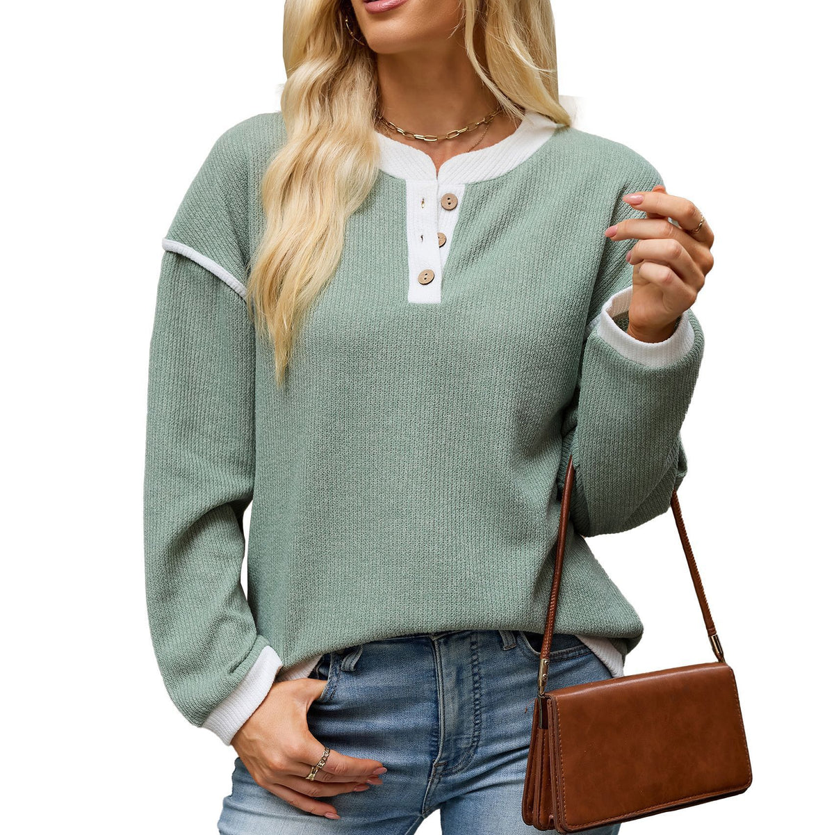 Color-block Crew-neck Button-up Loose-fit Long-sleeve T-shirt For Women