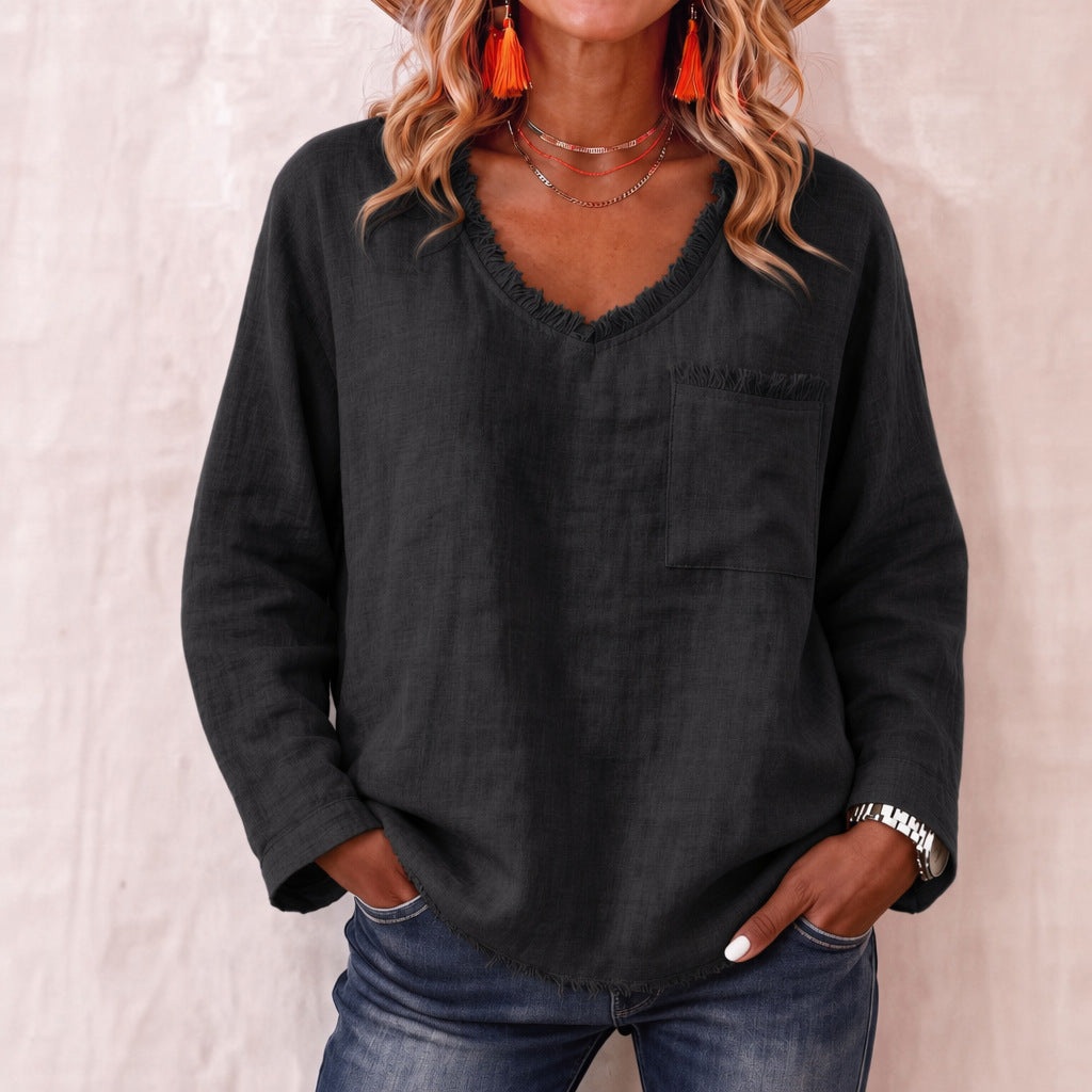 Loose-fit V-neck Long-sleeve Solid-color Casual Top For Women