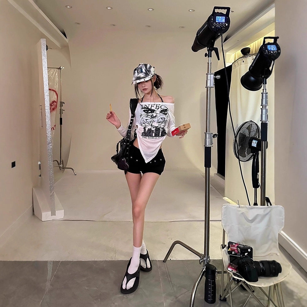 Fashionable Loose-fit Retro Long-sleeve T-shirt Top For Women
