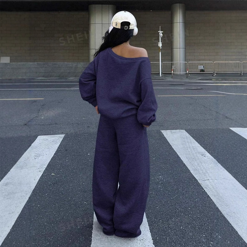 Casual Sports Style Round Neck Loose Hoodie And Casual Pants Set For Women