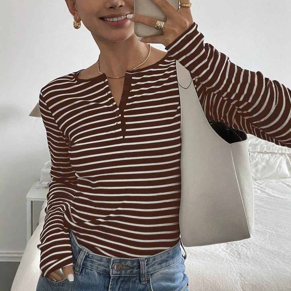 Striped Loose-Fit Long-Sleeve T-Shirt Casual Fashion Top For Women