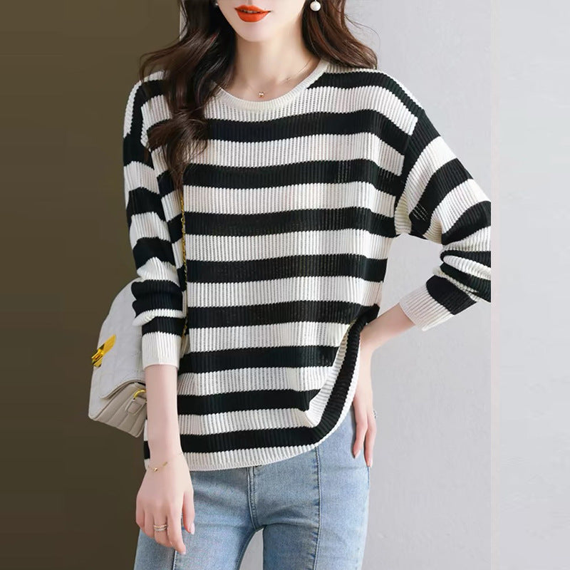 Striped Long Sleeve Women Loose Western Style Inner Wear Blouse