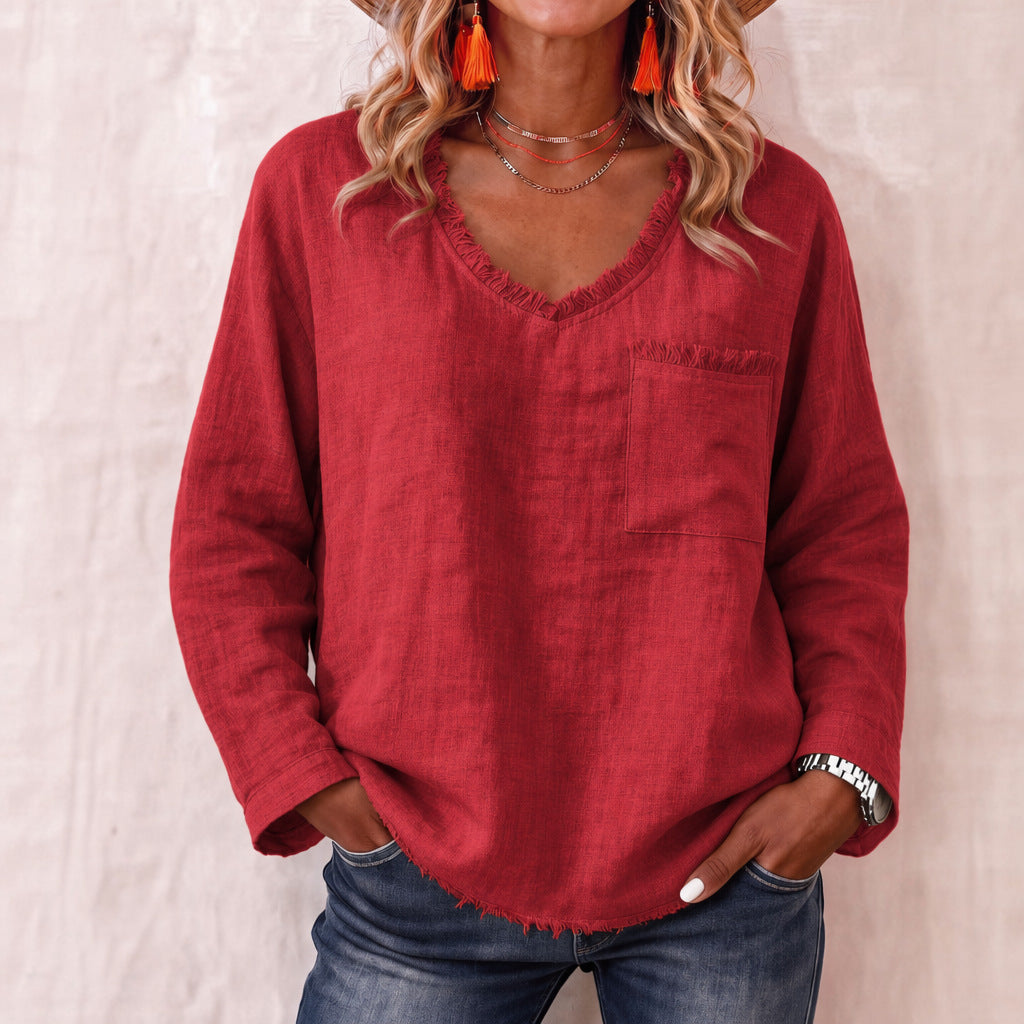 Loose-fit V-neck Long-sleeve Solid-color Casual Top For Women