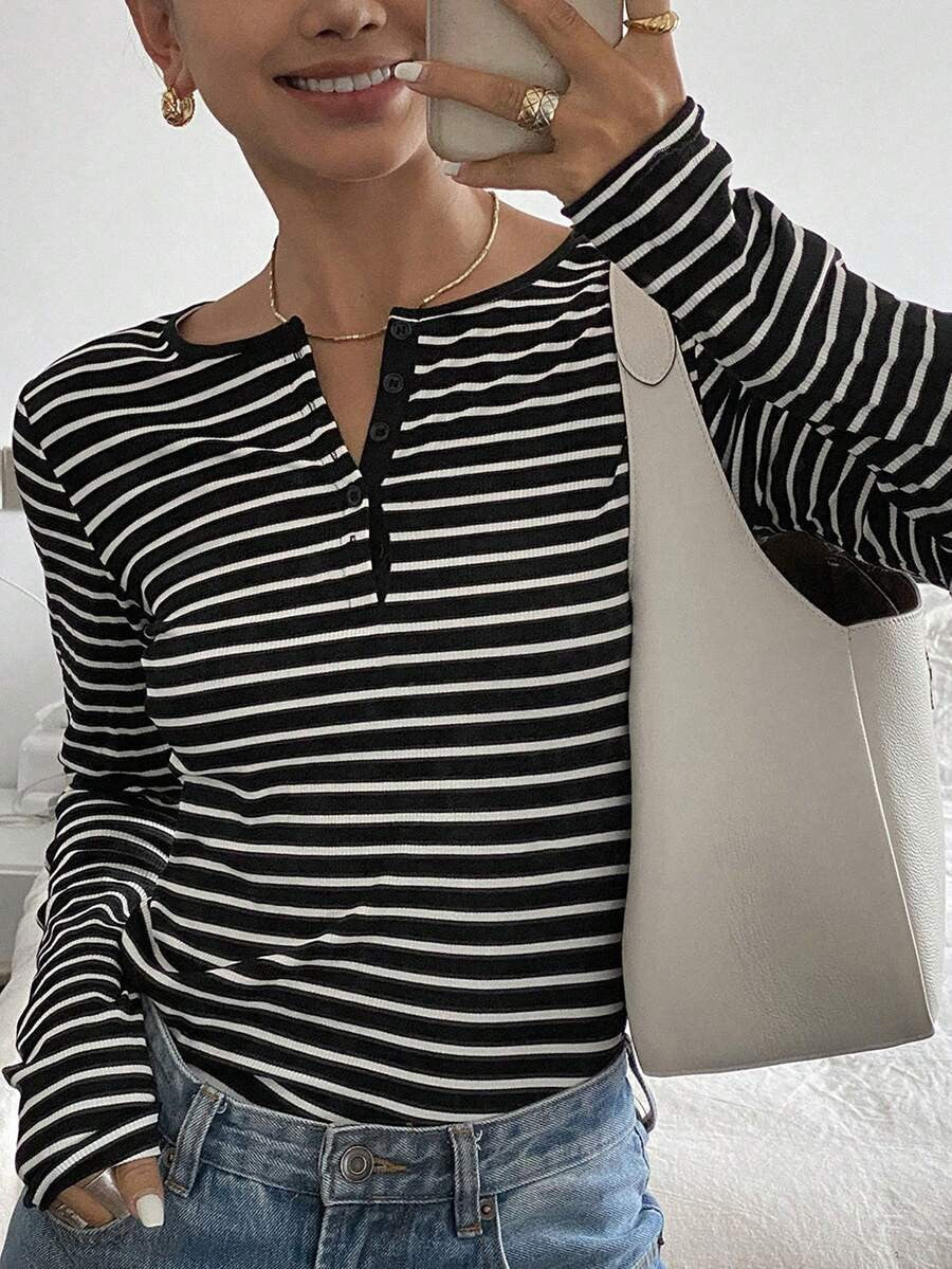 Striped Loose-Fit Long-Sleeve T-Shirt Casual Fashion Top For Women