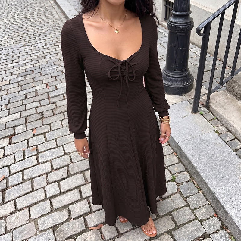 New Autumn Winter Elegant Square-neck Lace-up Dress For Women