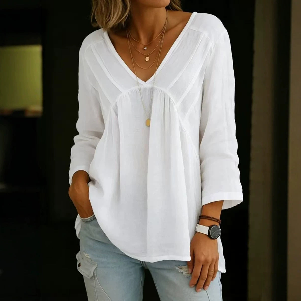 Solid-color Casual Loose-fitting Long-sleeve Top For Women