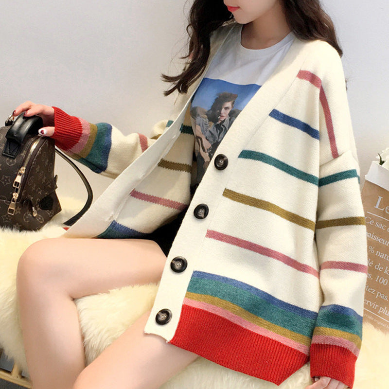 New Rainbow Striped Sweater Cardigan Women
