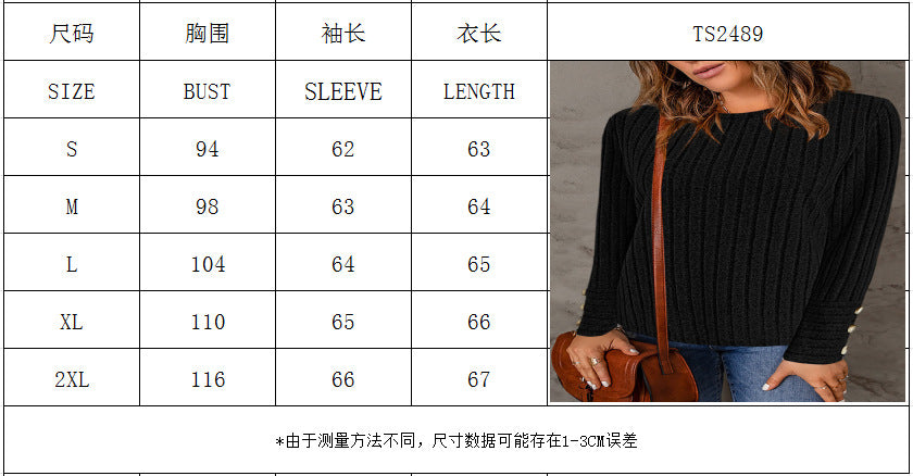 Women Ribbed Knit Long Sleeve Top Crew Neck Blouse With Decorative Buttons On Cuffs Casual Loose Shirts