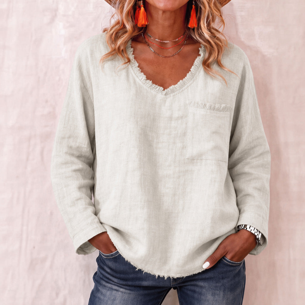 Loose-fit V-neck Long-sleeve Solid-color Casual Top For Women