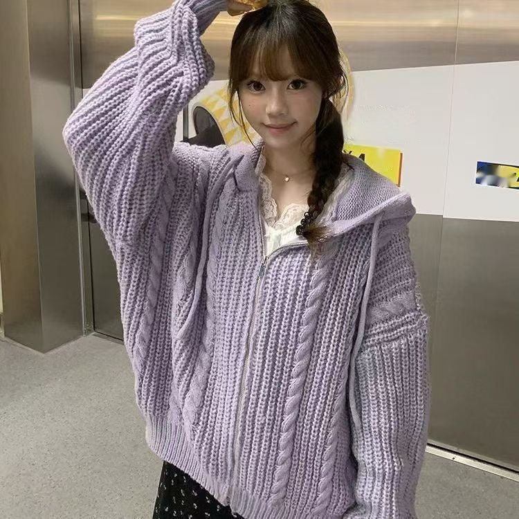 Hooded Cable-knit Sweater Coat For Women
