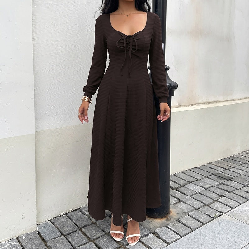 New Autumn Winter Elegant Square-neck Lace-up Dress For Women
