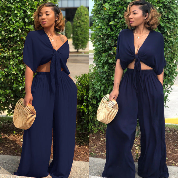 Deep-V Casual Wide-leg Pants Set For Women
