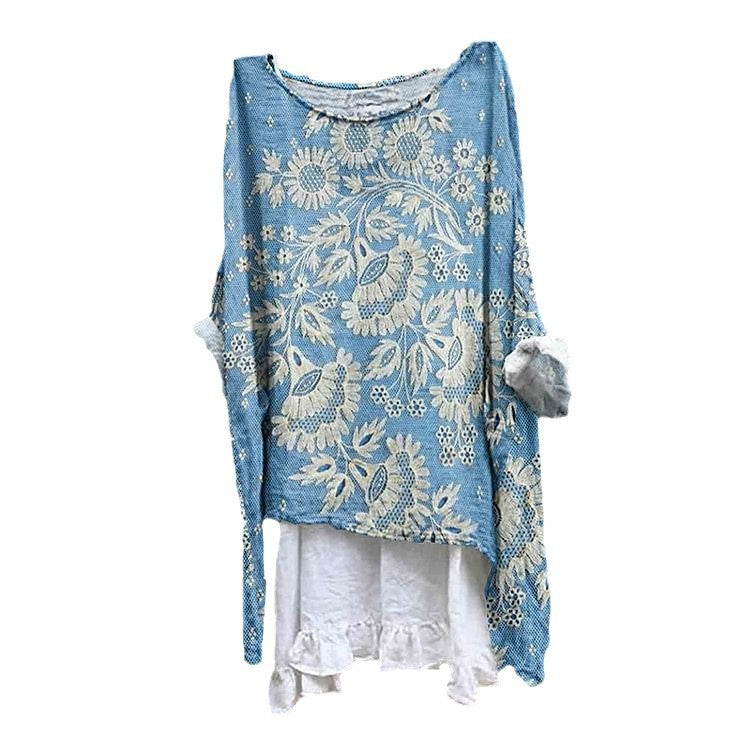 Casual Long Sleeve Loose 3D Digital Printing Women Round Neck Pullover T-shirt