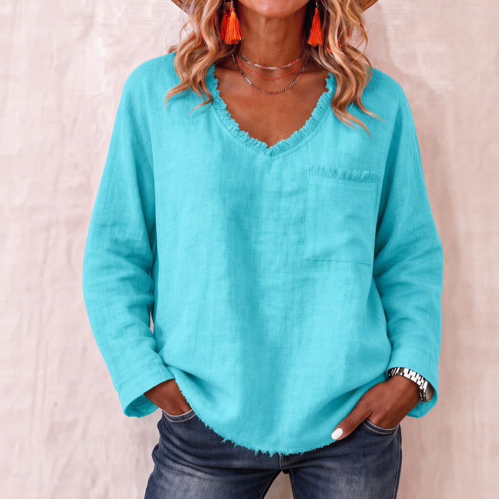 Loose-fit V-neck Long-sleeve Solid-color Casual Top For Women