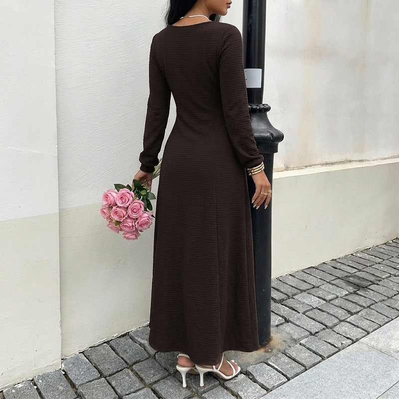 New Autumn Winter Elegant Square-neck Lace-up Dress For Women